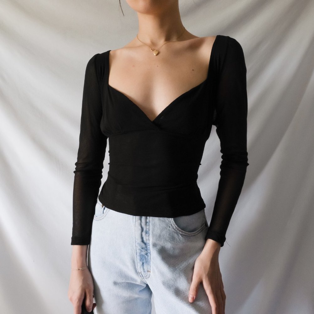 vintage 90s y2k black noir layered mesh sweetheart bustier style long sleeve blo - Picture 4 of 10
